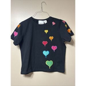 Womens Size Medium Michael Simon Light‎ Valentine Heart Top Short Sleeve Black
